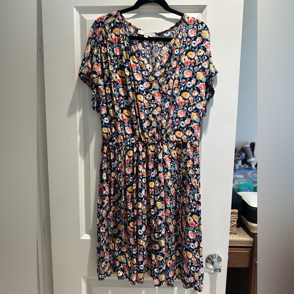 LOFT Navy Floral Dress with Yellow and Pink Accents